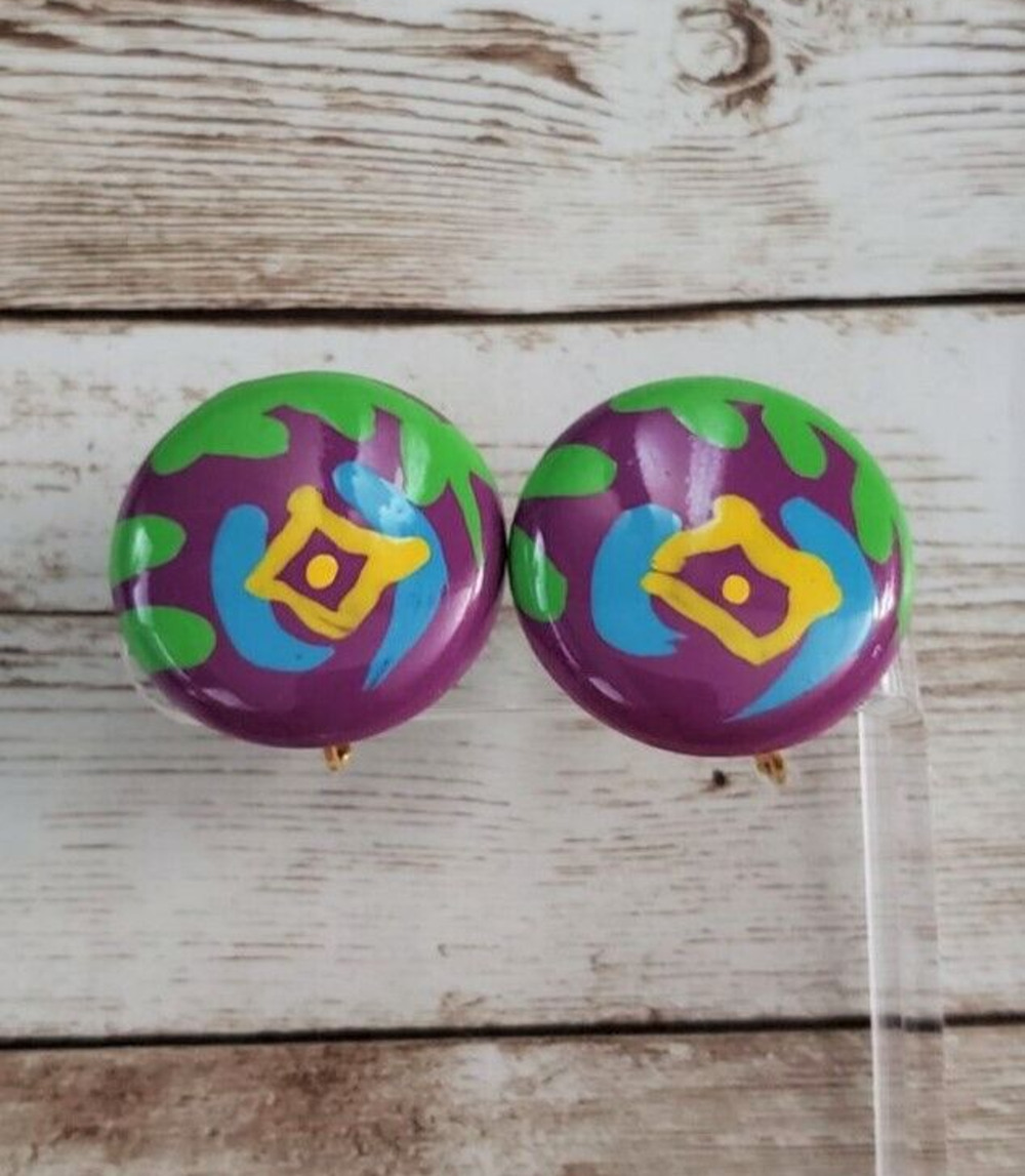 Vintage Clip On Earrings - Colorful Green, Purple, Blue, Yellow Large